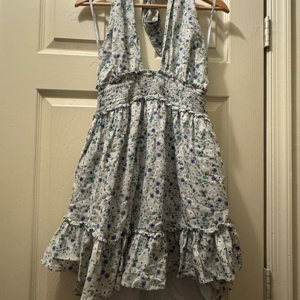 aerie White Halter Asymmetrical Dress with Blue & Green Floral Print